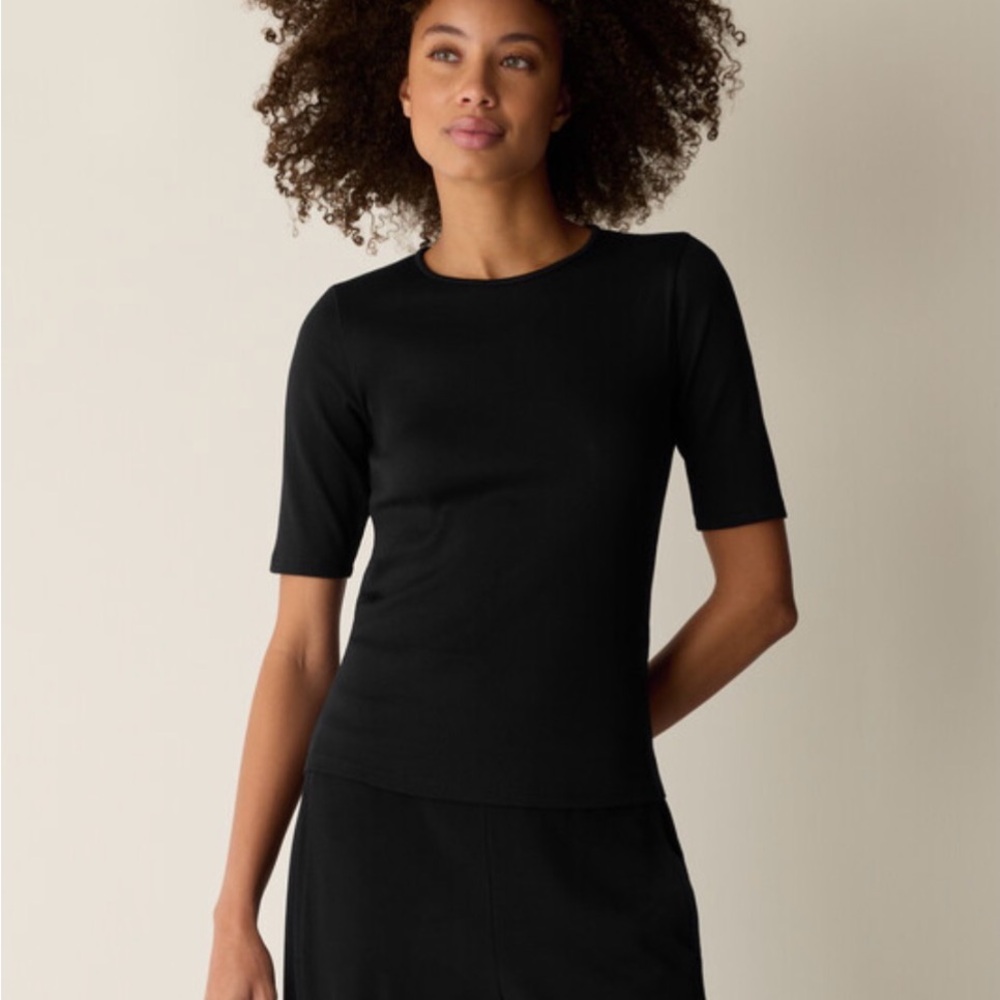 Eileen Fisher 100% Organic Cotton Black Scoop neck Soft T-Shirt Top Basic Fit